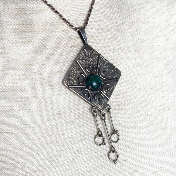 Sterling Silver 925 Israel 4" Modernist Style Eilat Stone Pendant Necklace 24" - Picture 5 of 16